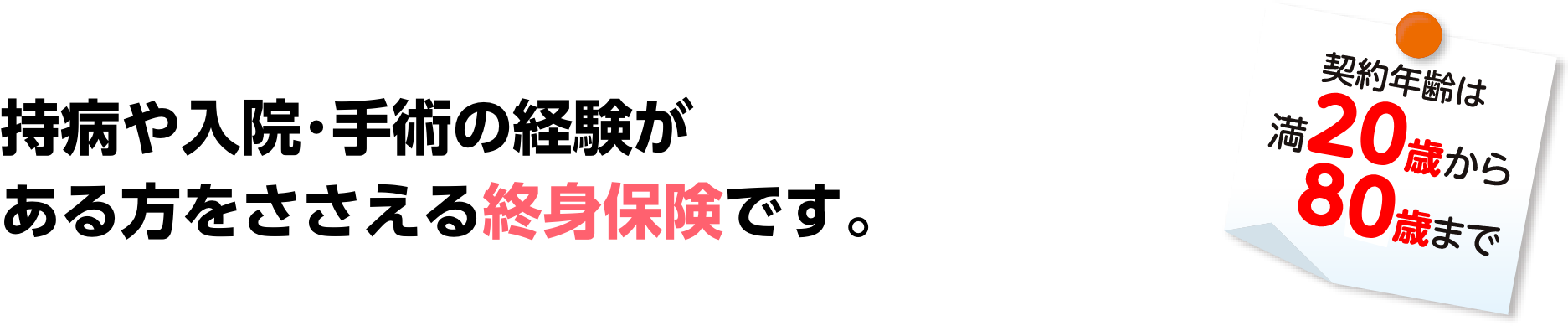 持病や入院･手術の経験がある方をささえる終身保険です。契約年齢は満20歳から80歳まで